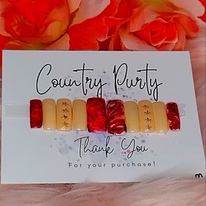 Custom press on nails medium length red marbling with beige and stars size mediu